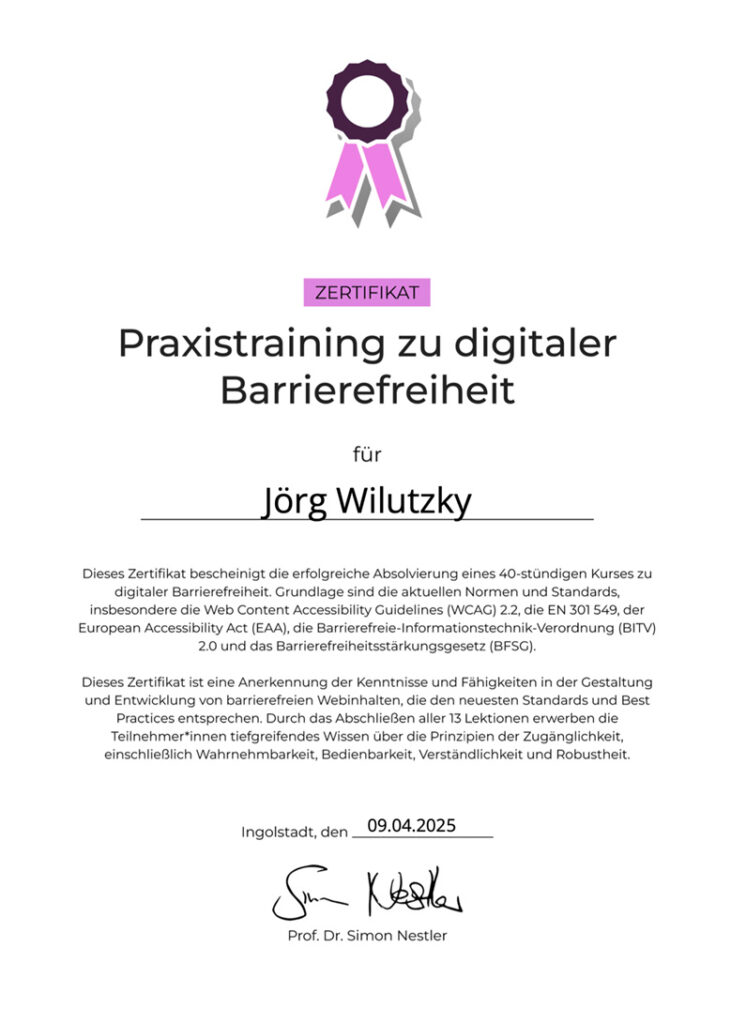 Ansicht des Zertifikates zur Weiterbildung digitale Barrierefreiheit